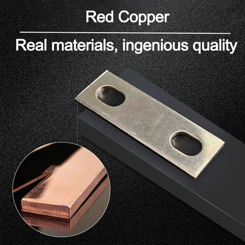 Top Shelf Heavy Duty Bus Bar Connectors With Two Point Two Inch Pitch Row Red Copper Terminal Blocks Nickel Plated For Battery Wiring Rig Ready Setup Includes Zero Hassle M6 Hardware, showcasing a detailed view of a red copper bar.