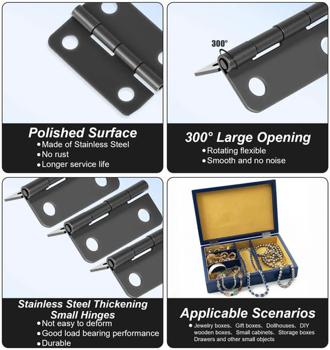 50 Pairs Small Hinges Set For DIY Projects, mini metal tiny hinges featuring polished surface, large opening, durable for boxes