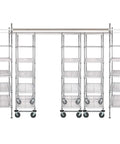 Kick Butt Heavy Duty Overhead Track Shelving Setup With Six Smooth Rolling Kits And Twenty Eight Hefty Wire Shelves For Warehouse Storage And Distribution Centers In Durable Black Carbon Steel Build And Nsf Ready, featuring five wire shelves on rolling carts.