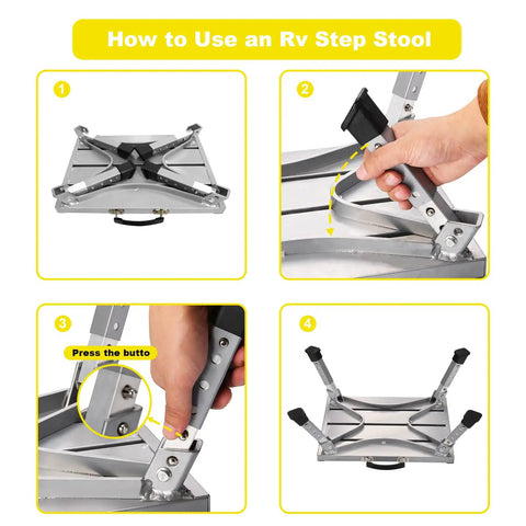 Non Slip Folding RV Steps With Adjustable Height, Lightweight Aluminum Step Stool, 4 Height Settings, Heavy Duty 1000 Pound Capacity, Non Slip Gripper Surface, Easy Stow And Go folded and adjusted