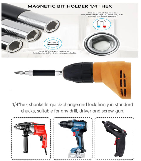 ChgImposs magnetic bit holder extension set, 3 pieces, 1/4-inch hex shanks for drills and drivers.