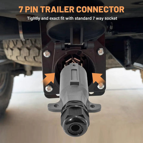 Detachable 7 Way RV Style Trailer Plug With IP68 Waterproof Seal 2 Pack installed on vehicle showing 7 pin wiring plug.