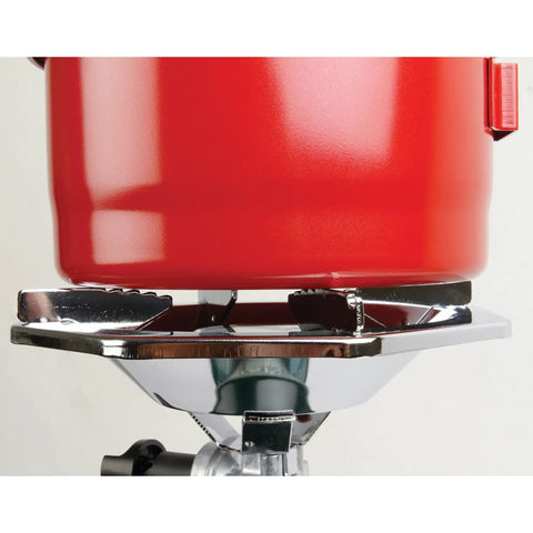 Close-up of red pan on BottleTop Propane Stove Portable Camping Cooker With Adjustable Burner And 10,000 Total BTUs Of Cooking Power