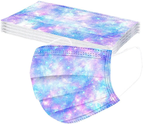 50 pack of kids disposable face masks in colorful design, breathable three-layer dust filter with elastic ear loops for daily protection.
