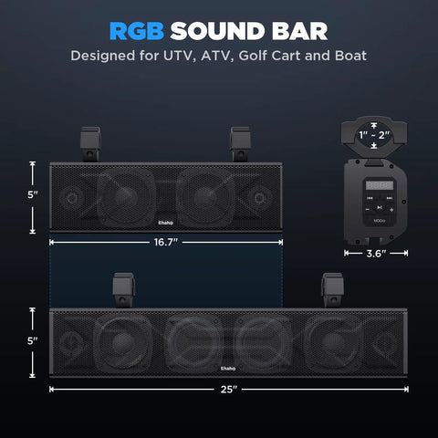 Front view of 25 Inch UTV Sound Bar With Bluetooth And RGB Lighting IP66 Waterproof Amplified Powersports Speaker System
