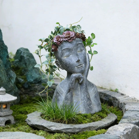 Face Head Planter Pot For Succulents And Small Plants With Drainage Hole, Big Farmhouse Vibe Decor, Gray Concrete Finish