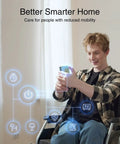 Person in wheelchair using smartphone with Smart Plug 2.4GHz WiFi Only Works With Alexa And Google Home, app control icons overlay.