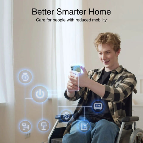 Person in wheelchair using smartphone with Smart Plug 2.4GHz WiFi Only Works With Alexa And Google Home, app control icons overlay.
