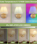 Must Have Battery Operated Wall Sconce Set Of 2 with Pleated Fabric Shade in Gold showing light color modes and dimming options.