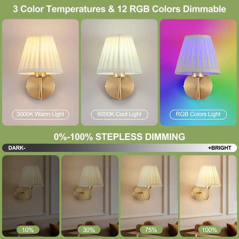 Must Have Battery Operated Wall Sconce Set Of 2 with Pleated Fabric Shade in Gold showing light color modes and dimming options.