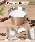 Espresso Shot Cup With Wood Handle, 6.8 Oz Stainless Steel Measuring Cup for barista, coffee beans beside dual scale view