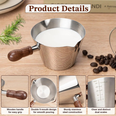 Espresso Shot Cup With Wood Handle, 6.8 Oz Stainless Steel Measuring Cup for barista, coffee beans beside dual scale view