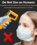Infrared Temperature Gun Non Contact Laser Thermometer For Industrial And Kitchen Use shown near face with warning not for humans