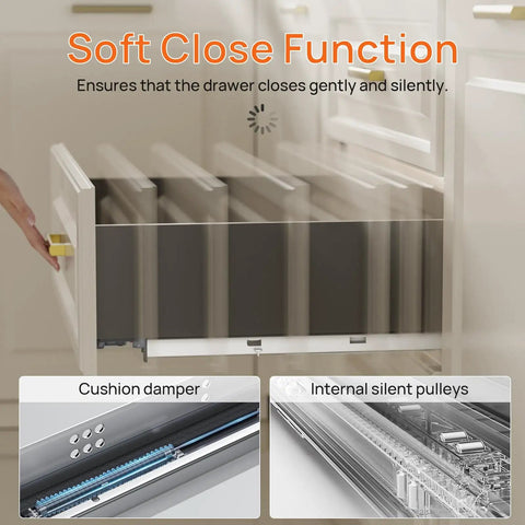 15 Inch Soft Close Undermount Drawer Slides Full Extension 80 Lb Heavy Duty Concealed Rails With Rear Mount Brackets For Five Eighths Inch Side Thickness Easy Install For Face Frame Or Frameless Cabinets 1 Pair, showing drawer open with close-up of cushion damper and silent pulleys.
