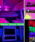 Rechargeable Wireless Under Cabinet Lighting With Remote in van, shelves, and living room, showing color options and no motion sensor mode.