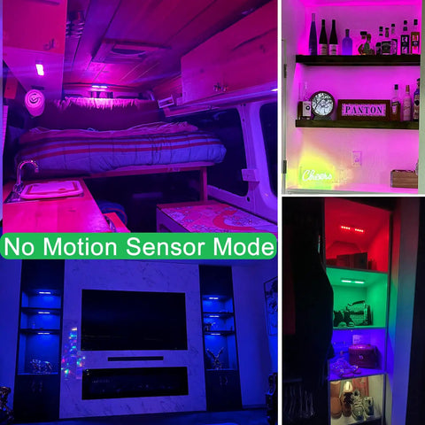 Rechargeable Wireless Under Cabinet Lighting With Remote in van, shelves, and living room, showing color options and no motion sensor mode.