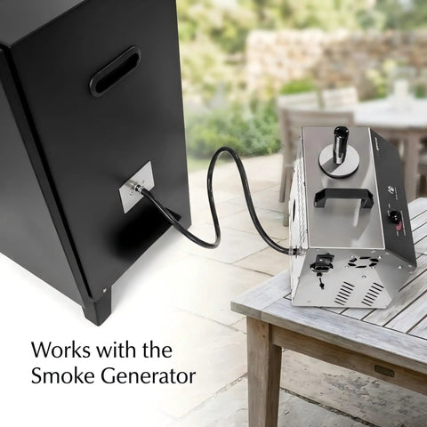 Smooth Operator Vertical Electric Smoker 1600W with smoke generator connection on a patio table.