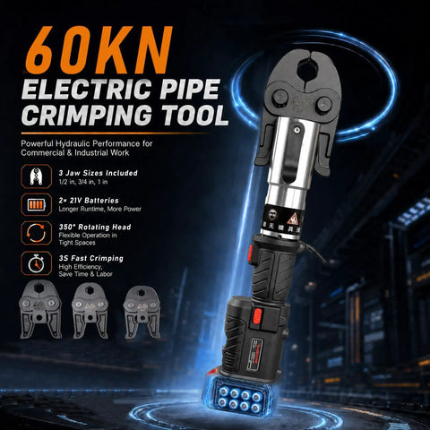 21V Brushless Electric Copper Pipe Crimper, 60KN powerful press tool with 3 jaws, suitable for 1/2, 3/4, and 1 inch tubing.