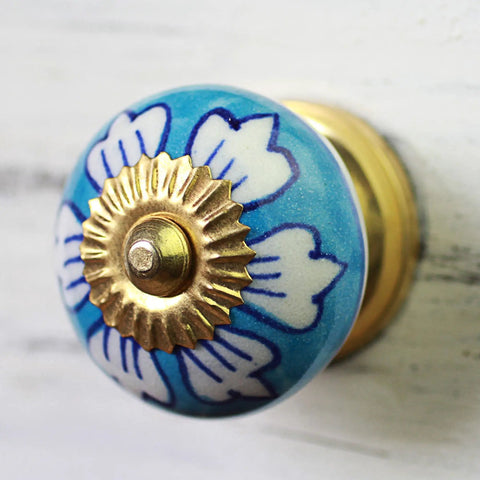 Blue Floral Ceramic Cabinet Knobs Set Of Six With Metal Backings White And Sky Blue Flower Design Screws Included 3.1 Inches High Decorative Hardware For Cabinets And Drawers Rustic Modern Home Accent