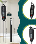 Six Piece Waterproof Digital Food Thermometer Set With Long 9.2 Inch Probes, shown with close-up of LCD screen and measurements.