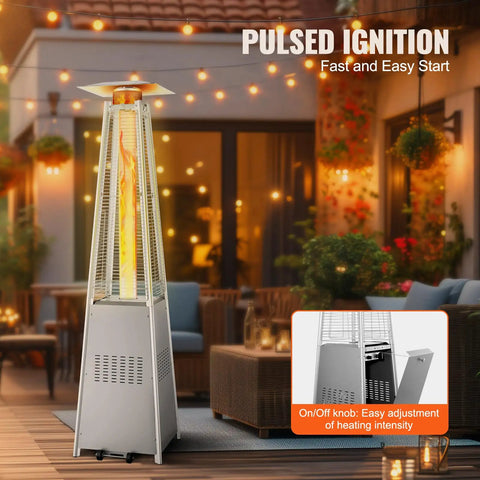 Pyramid Propane Patio Heater With Wheels 48000 BTU Outdoor Heater With Quartz Glass Tube in a cozy garden setting at night.