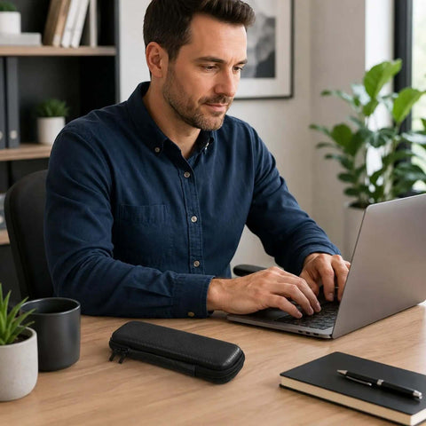 Heavy Duty EVA Hard Shell Pencil Case For Your Daily Grind Keeps Pens Styluses And Desk Gear Snug While You Ride on office desk.