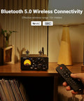 All In One 200W Bluetooth Tube Amplifier With Built In DAC And Preamp 2.0 2.1 Stereo Home Receiver For TV Computer Turntable And Phone Via USB Coax Optical RCA Warm Vacuum Tube Tone And Rich Sound, tabletop view with remote