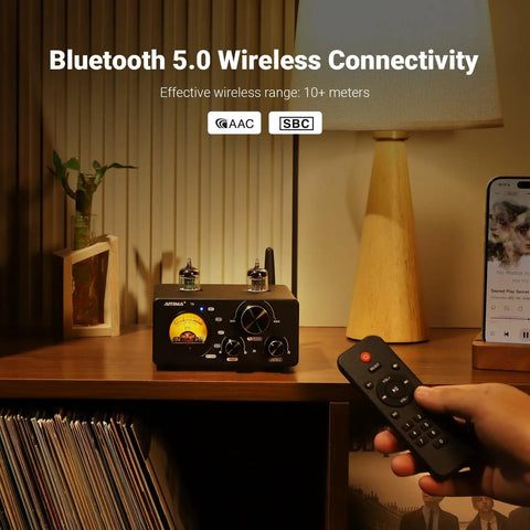 All In One 200W Bluetooth Tube Amplifier With Built In DAC And Preamp 2.0 2.1 Stereo Home Receiver For TV Computer Turntable And Phone Via USB Coax Optical RCA Warm Vacuum Tube Tone And Rich Sound, tabletop view with remote