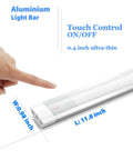 Under Cabinet LED Light Bar 12 Inch Touch Activated And Dimmable Aluminum Fixture For Kitchen Workbench And Desk Cold White 6000K Plug In Silver Finish No Fuss Easy Tap Control showing touch control and dimensions.
