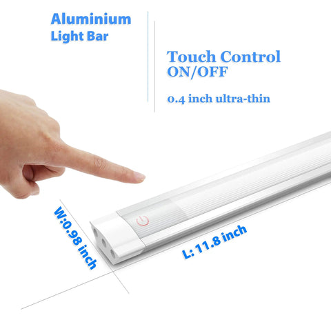Under Cabinet LED Light Bar 12 Inch Touch Activated And Dimmable Aluminum Fixture For Kitchen Workbench And Desk Cold White 6000K Plug In Silver Finish No Fuss Easy Tap Control showing touch control and dimensions.