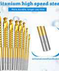 Eight Piece Titanium Coated HSS Twist Drill Bits Set With Hex Shank 3mm To 10mm Serrated Cutting For Metal Wood And Plastic