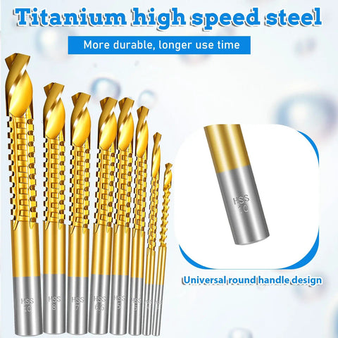 Eight Piece Titanium Coated HSS Twist Drill Bits Set With Hex Shank 3mm To 10mm Serrated Cutting For Metal Wood And Plastic