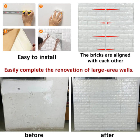 Peel And Stick 3D Foam Brick Wall Panels White 30 Pack install tutorial and before-after renovation comparison