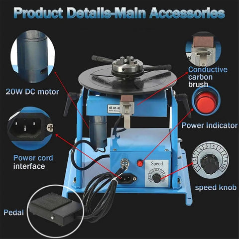 Slick Heavy Duty Welding Rotary Table With Adjustable Tilt Turntable Built Like A Tank For Pipe Fitting and Flange Work Smooth Operator Supports MIG TIG CO2 Processes Under 10 KG Load Quick Change Setup with 20W DC motor and speed control.