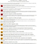 Neodymium magnet safety guidelines with icons, detailing precautions for high-strength magnets like Tiny 3x1.5mm Neodymium Disc Magnets.