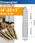 1/4-20 by 3 inch hanger bolts in rugged carbon steel with dimensions, showing use in woodworking tasks.