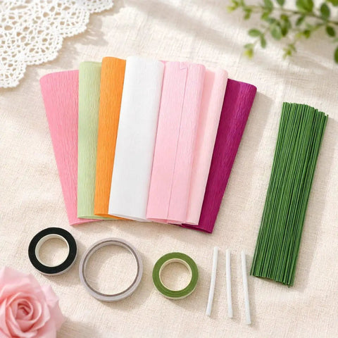 Crepe Paper Flower Kit With Floral Stem Wire And Tape Set For DIY Paper Flowers, Bouquet Craft Supplies, colorful sheets and wires