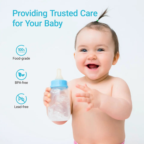 Baby holding BPA-free, lead-free bottle with food-grade icons, smiling in front of a slogan 'Providing Trusted Care for Your Baby'