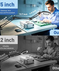 Ultra Long 12X And 30X Pro Grade Magnifying Lamp With Light And Clamp showing 35 inch and 22 inch arm length options in use.