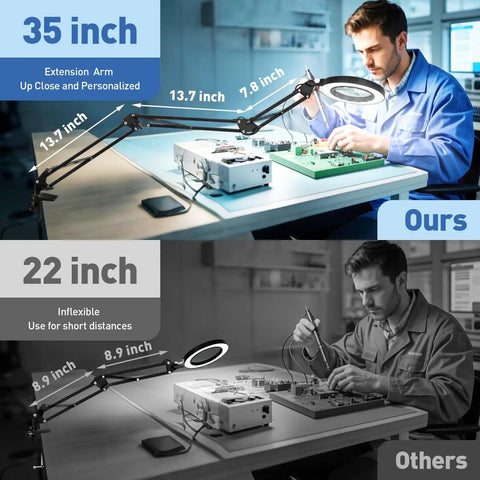 Ultra Long 12X And 30X Pro Grade Magnifying Lamp With Light And Clamp showing 35 inch and 22 inch arm length options in use.