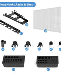 Various hooks, racks, bins, and parts for the Pegboard Wall Organizer Kit 48x36 Inch Heavy Duty Metal Pegboard With Toolboard And 105-Piece Hook Set