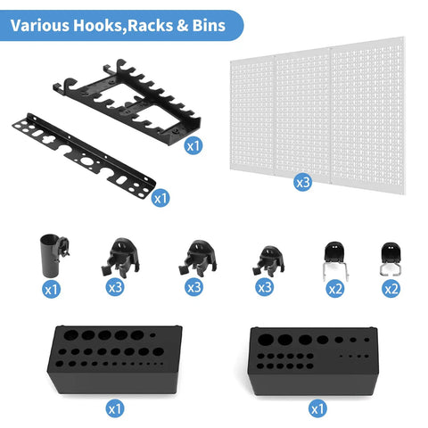Various hooks, racks, bins, and parts for the Pegboard Wall Organizer Kit 48x36 Inch Heavy Duty Metal Pegboard With Toolboard And 105-Piece Hook Set