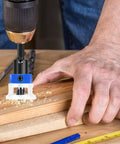 Four Piece Pro Grade Countersink Drill Bit Set With Depth Stop for Woodworking in use on wooden board
