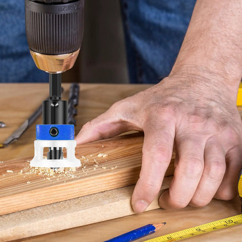 Four Piece Pro Grade Countersink Drill Bit Set With Depth Stop for Woodworking in use on wooden board