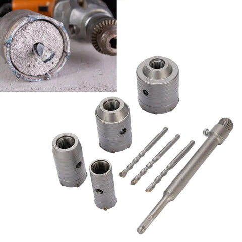 Ycauty Tungsten Steel Concrete Hole Saw Kit For HVAC And Water Pipes 30mm To 65mm Drilling Heavy Duty Tool For Red Brick Stone And Sun Dried Mud Walls With Fast Chip Removal Efficiency. Drill bits and hole saws on white background