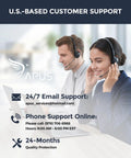 U.S.-based customer support team, man and woman with headsets, working on laptops, providing assistance.