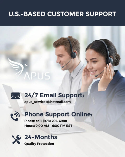 U.S.-based customer support team, man and woman with headsets, working on laptops, providing assistance.