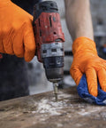 Built Tough 10 Mil Nitrile Gloves With Rock Solid Diamond Grip, Powder Free And Latex Free Orange Safety Gear For Garage Projects, Mechanic Work, And Greasy Cleanup Jobs, Large 100 Count, hands using a drill.