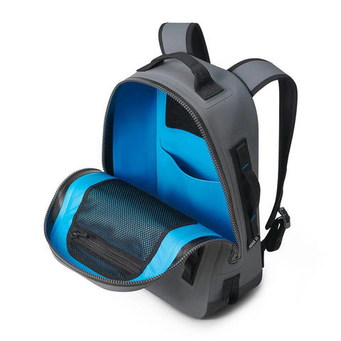 Open view of the Panga 28 Airtight Waterproof Submersible Backpack showing blue interior and compartments, Storm Gray color