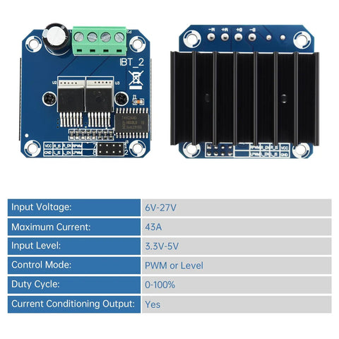 BTS7960 43A H Bridge Beefy High Power Motor Drive Module for Robotics and Smart Cars Isolated 5V Supply Dual Channel DC Motor Driver Board with 5V MCU Compatibility, blue PCB with heatsink